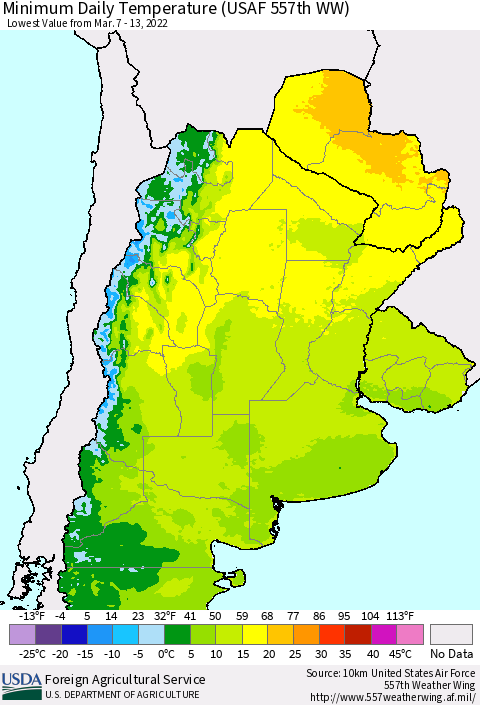 Southern South America Minimum Daily Temperature (USAF 557th WW) Thematic Map For 3/7/2022 - 3/13/2022