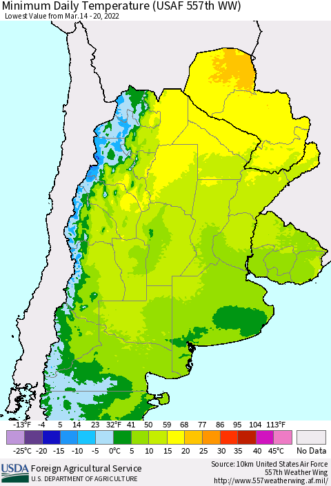 Southern South America Minimum Daily Temperature (USAF 557th WW) Thematic Map For 3/14/2022 - 3/20/2022
