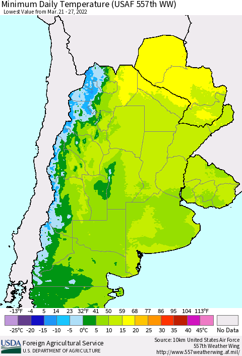Southern South America Minimum Daily Temperature (USAF 557th WW) Thematic Map For 3/21/2022 - 3/27/2022