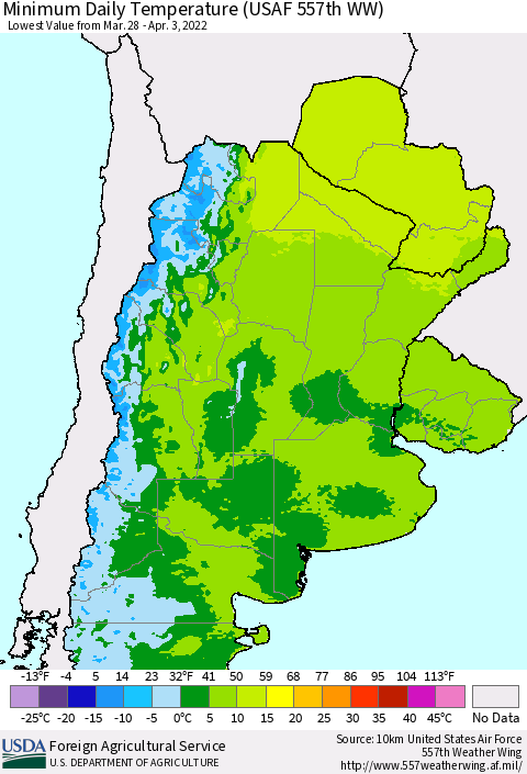 Southern South America Minimum Daily Temperature (USAF 557th WW) Thematic Map For 3/28/2022 - 4/3/2022