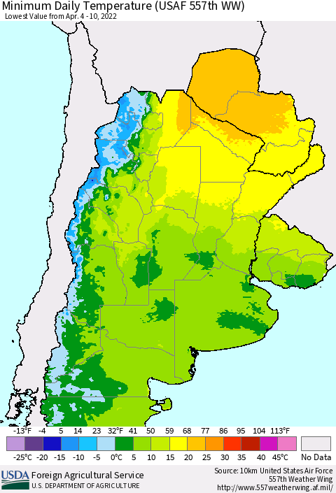 Southern South America Minimum Daily Temperature (USAF 557th WW) Thematic Map For 4/4/2022 - 4/10/2022