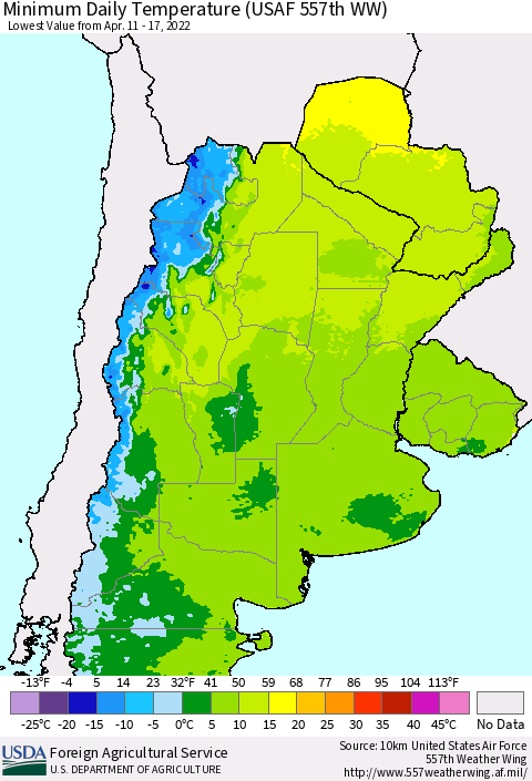 Southern South America Minimum Daily Temperature (USAF 557th WW) Thematic Map For 4/11/2022 - 4/17/2022