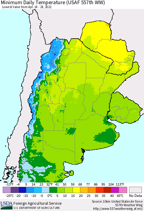 Southern South America Minimum Daily Temperature (USAF 557th WW) Thematic Map For 4/18/2022 - 4/24/2022