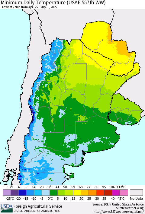Southern South America Minimum Daily Temperature (USAF 557th WW) Thematic Map For 4/25/2022 - 5/1/2022