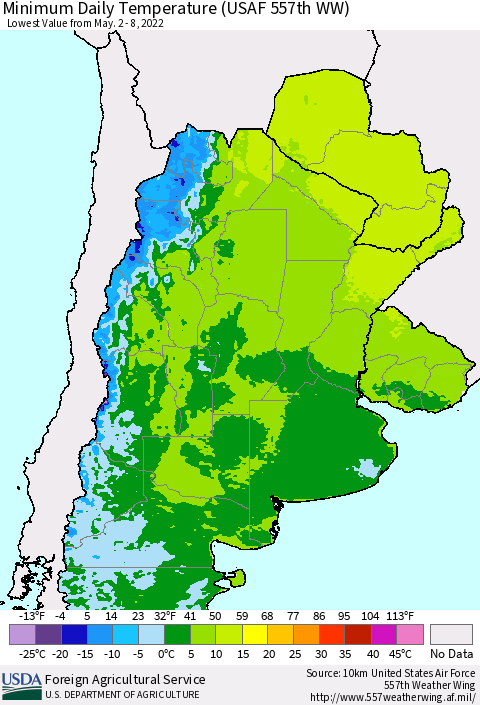 Southern South America Minimum Daily Temperature (USAF 557th WW) Thematic Map For 5/2/2022 - 5/8/2022