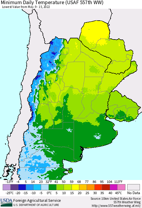 Southern South America Minimum Daily Temperature (USAF 557th WW) Thematic Map For 5/9/2022 - 5/15/2022