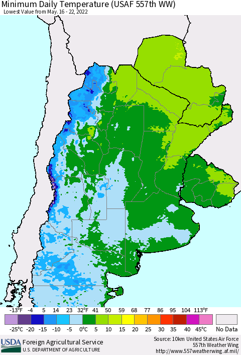 Southern South America Minimum Daily Temperature (USAF 557th WW) Thematic Map For 5/16/2022 - 5/22/2022