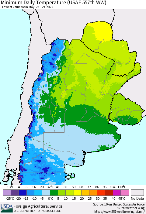 Southern South America Minimum Daily Temperature (USAF 557th WW) Thematic Map For 5/23/2022 - 5/29/2022