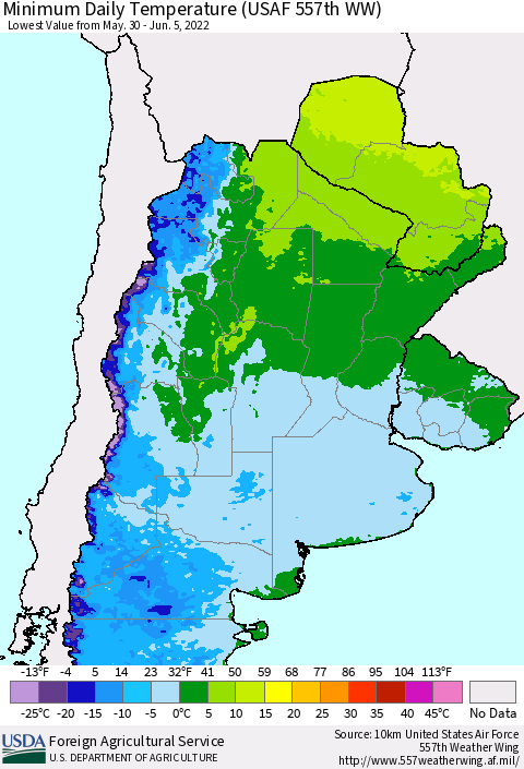 Southern South America Minimum Daily Temperature (USAF 557th WW) Thematic Map For 5/30/2022 - 6/5/2022