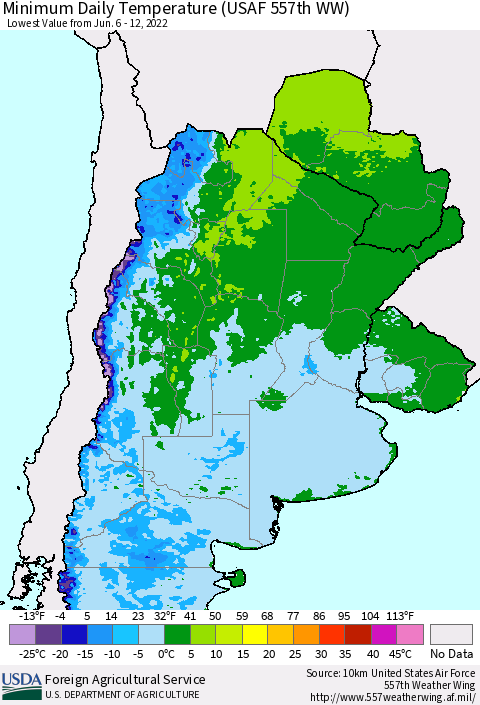 Southern South America Minimum Daily Temperature (USAF 557th WW) Thematic Map For 6/6/2022 - 6/12/2022