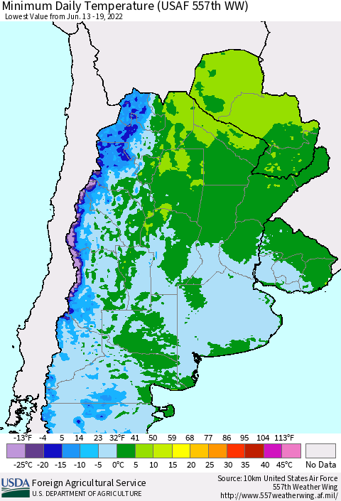 Southern South America Minimum Daily Temperature (USAF 557th WW) Thematic Map For 6/13/2022 - 6/19/2022