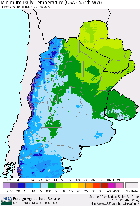 Southern South America Minimum Daily Temperature (USAF 557th WW) Thematic Map For 6/20/2022 - 6/26/2022