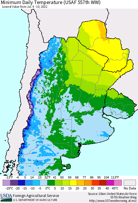 Southern South America Minimum Daily Temperature (USAF 557th WW) Thematic Map For 7/4/2022 - 7/10/2022