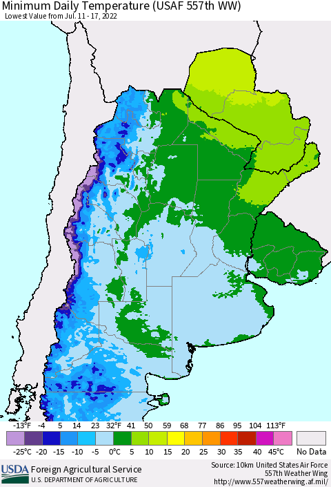 Southern South America Minimum Daily Temperature (USAF 557th WW) Thematic Map For 7/11/2022 - 7/17/2022