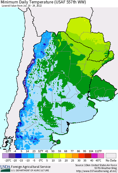 Southern South America Minimum Daily Temperature (USAF 557th WW) Thematic Map For 7/18/2022 - 7/24/2022