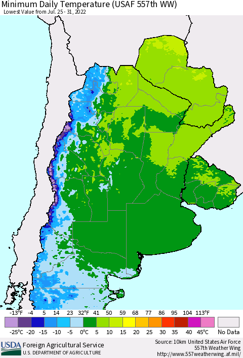 Southern South America Minimum Daily Temperature (USAF 557th WW) Thematic Map For 7/25/2022 - 7/31/2022