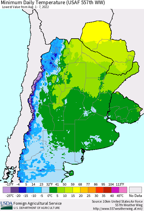 Southern South America Minimum Daily Temperature (USAF 557th WW) Thematic Map For 8/1/2022 - 8/7/2022