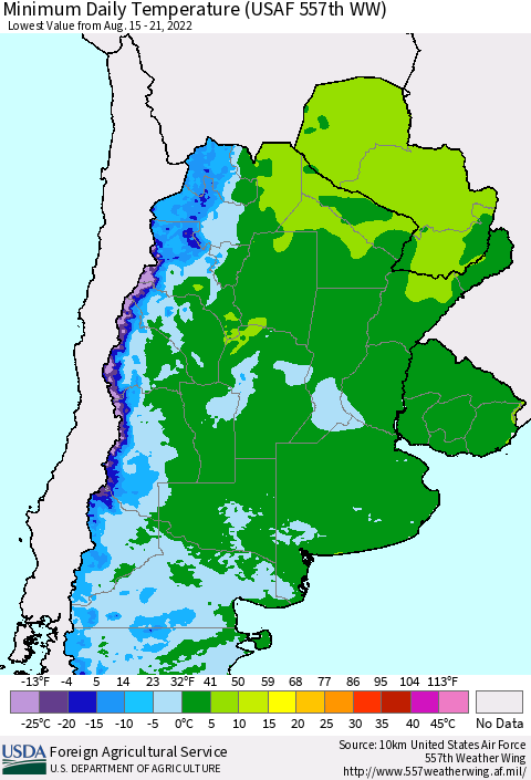 Southern South America Minimum Daily Temperature (USAF 557th WW) Thematic Map For 8/15/2022 - 8/21/2022