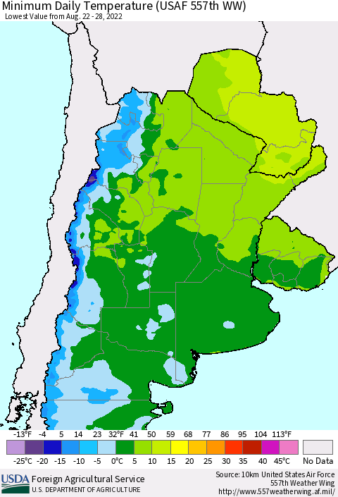 Southern South America Minimum Daily Temperature (USAF 557th WW) Thematic Map For 8/22/2022 - 8/28/2022
