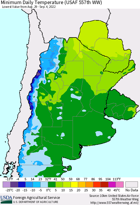 Southern South America Minimum Daily Temperature (USAF 557th WW) Thematic Map For 8/29/2022 - 9/4/2022