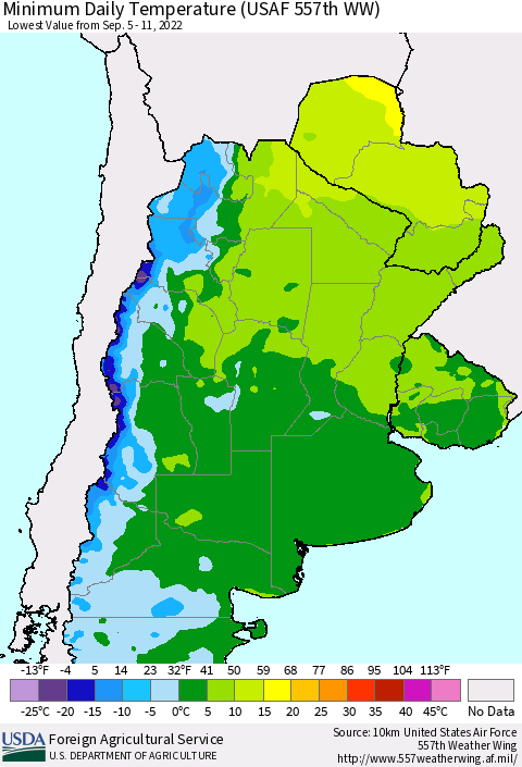 Southern South America Minimum Daily Temperature (USAF 557th WW) Thematic Map For 9/5/2022 - 9/11/2022