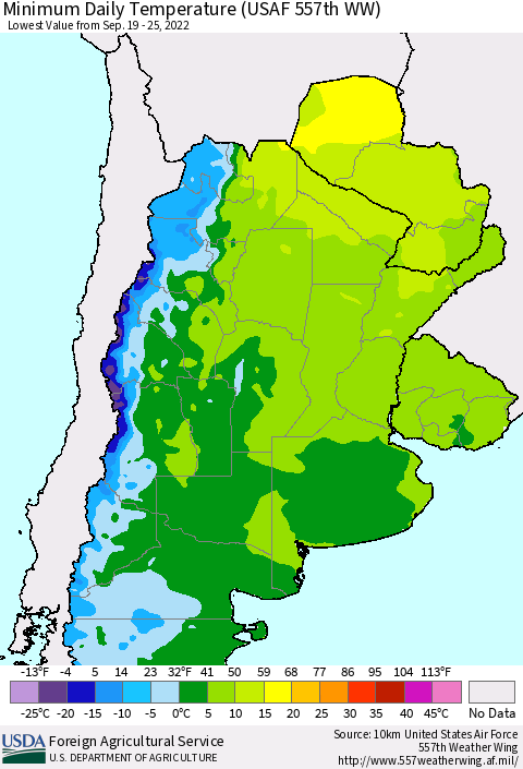 Southern South America Minimum Daily Temperature (USAF 557th WW) Thematic Map For 9/19/2022 - 9/25/2022