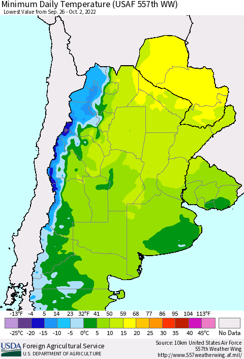 Southern South America Minimum Daily Temperature (USAF 557th WW) Thematic Map For 9/26/2022 - 10/2/2022