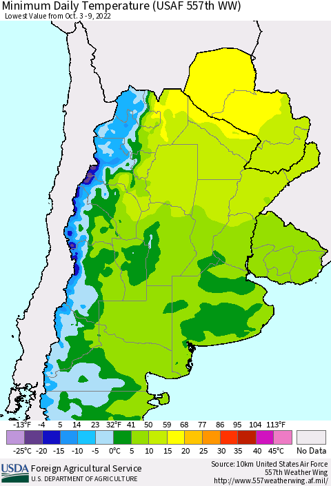 Southern South America Minimum Daily Temperature (USAF 557th WW) Thematic Map For 10/3/2022 - 10/9/2022