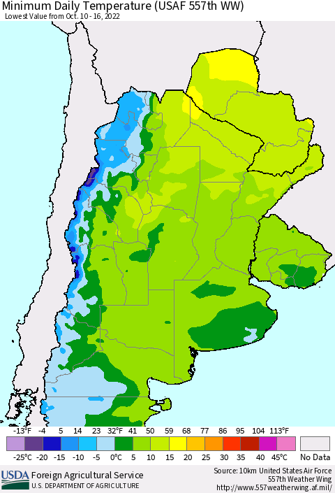 Southern South America Minimum Daily Temperature (USAF 557th WW) Thematic Map For 10/10/2022 - 10/16/2022