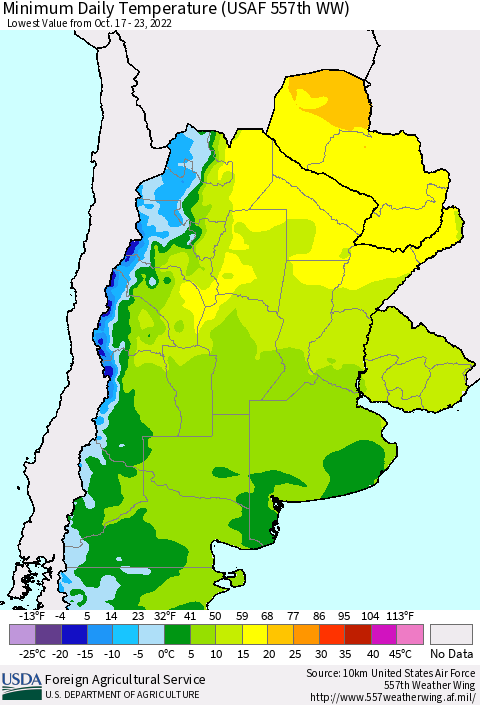 Southern South America Minimum Daily Temperature (USAF 557th WW) Thematic Map For 10/17/2022 - 10/23/2022
