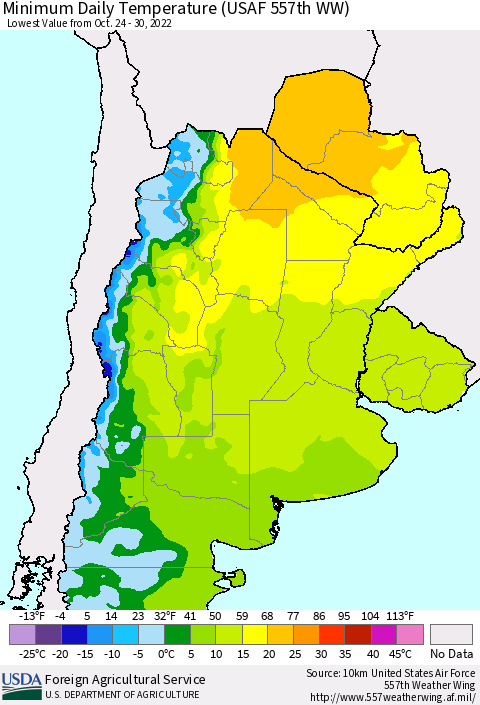 Southern South America Minimum Daily Temperature (USAF 557th WW) Thematic Map For 10/24/2022 - 10/30/2022