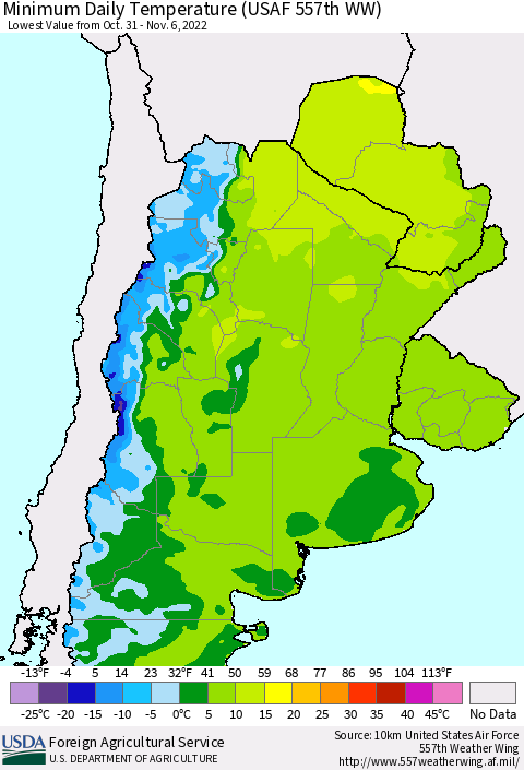Southern South America Minimum Daily Temperature (USAF 557th WW) Thematic Map For 10/31/2022 - 11/6/2022
