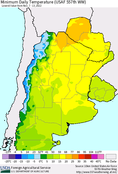 Southern South America Minimum Daily Temperature (USAF 557th WW) Thematic Map For 11/7/2022 - 11/13/2022