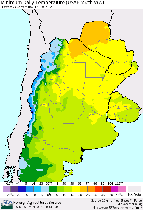 Southern South America Minimum Daily Temperature (USAF 557th WW) Thematic Map For 11/14/2022 - 11/20/2022