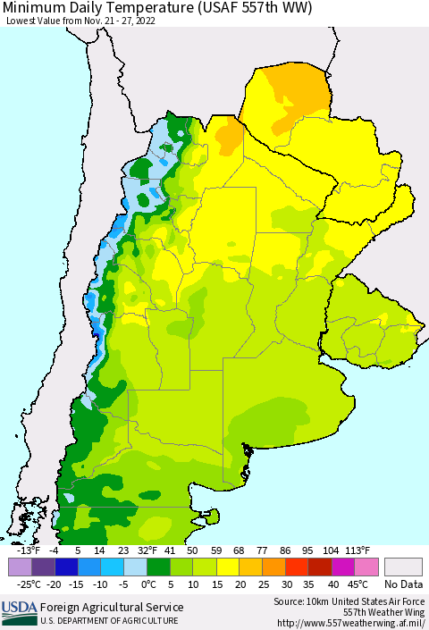 Southern South America Minimum Daily Temperature (USAF 557th WW) Thematic Map For 11/21/2022 - 11/27/2022