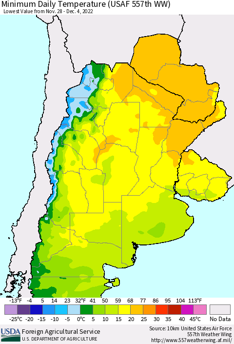 Southern South America Minimum Daily Temperature (USAF 557th WW) Thematic Map For 11/28/2022 - 12/4/2022