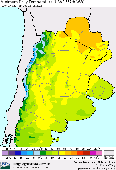 Southern South America Minimum Daily Temperature (USAF 557th WW) Thematic Map For 12/12/2022 - 12/18/2022