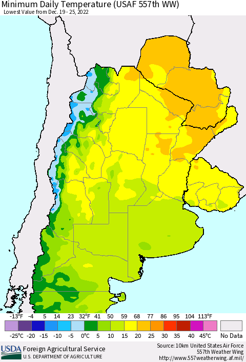 Southern South America Minimum Daily Temperature (USAF 557th WW) Thematic Map For 12/19/2022 - 12/25/2022