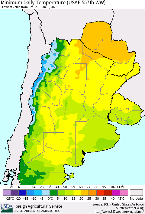 Southern South America Minimum Daily Temperature (USAF 557th WW) Thematic Map For 12/26/2022 - 1/1/2023