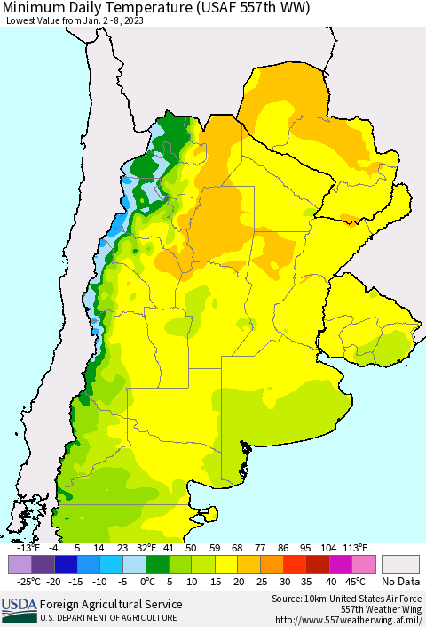 Southern South America Minimum Daily Temperature (USAF 557th WW) Thematic Map For 1/2/2023 - 1/8/2023