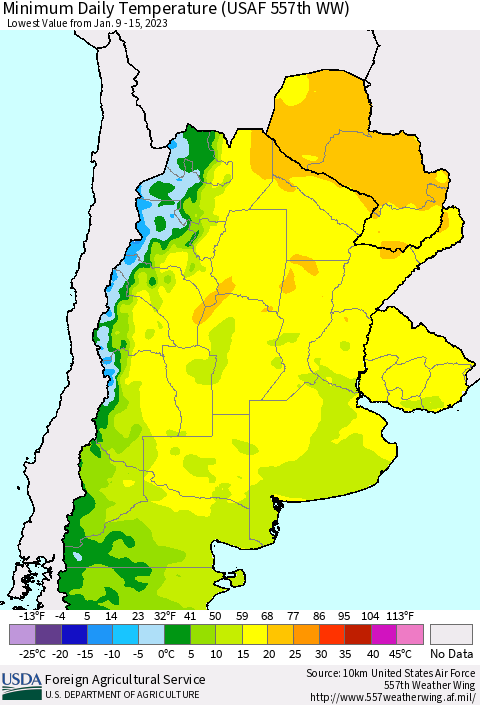 Southern South America Minimum Daily Temperature (USAF 557th WW) Thematic Map For 1/9/2023 - 1/15/2023