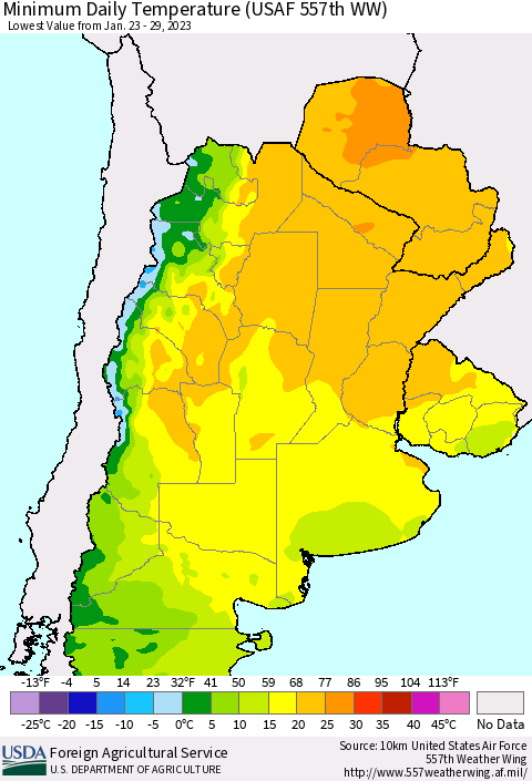 Southern South America Minimum Daily Temperature (USAF 557th WW) Thematic Map For 1/23/2023 - 1/29/2023