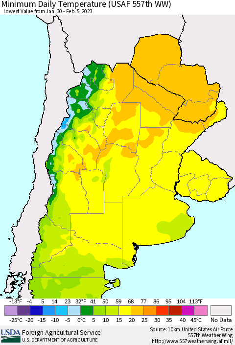 Southern South America Minimum Daily Temperature (USAF 557th WW) Thematic Map For 1/30/2023 - 2/5/2023