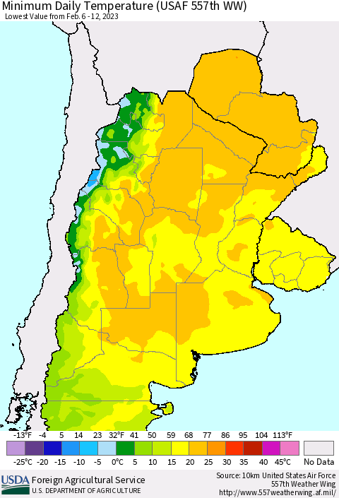 Southern South America Minimum Daily Temperature (USAF 557th WW) Thematic Map For 2/6/2023 - 2/12/2023
