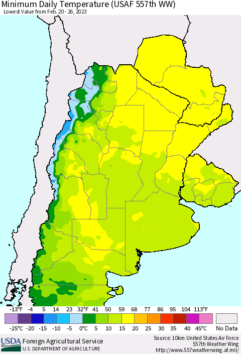 Southern South America Minimum Daily Temperature (USAF 557th WW) Thematic Map For 2/20/2023 - 2/26/2023