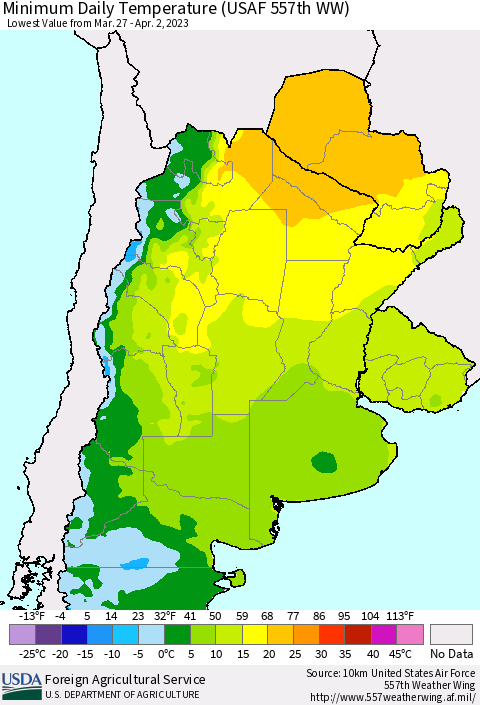 Southern South America Minimum Daily Temperature (USAF 557th WW) Thematic Map For 3/27/2023 - 4/2/2023