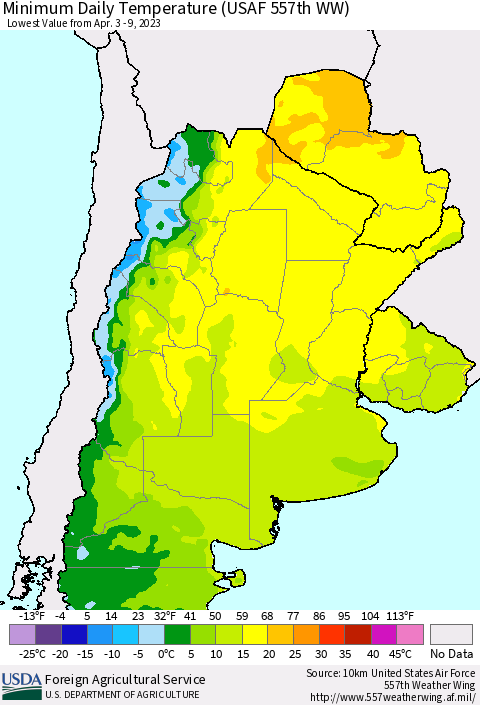 Southern South America Minimum Daily Temperature (USAF 557th WW) Thematic Map For 4/3/2023 - 4/9/2023
