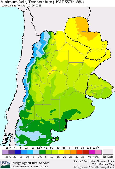 Southern South America Minimum Daily Temperature (USAF 557th WW) Thematic Map For 4/10/2023 - 4/16/2023