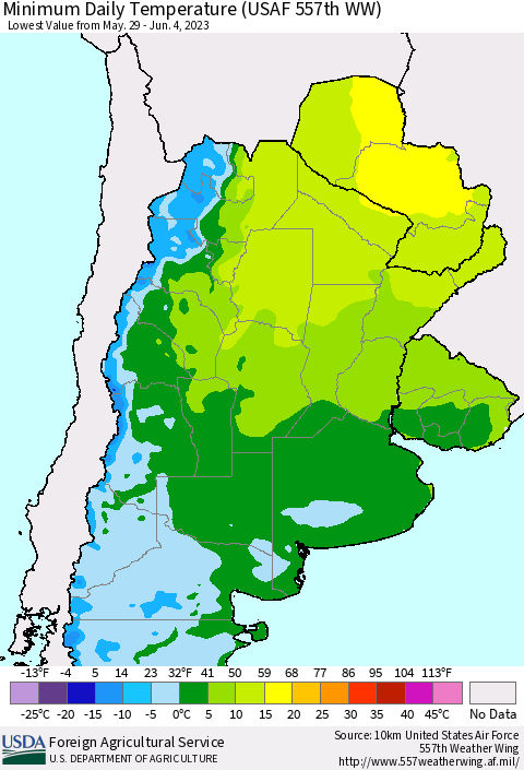 Southern South America Minimum Daily Temperature (USAF 557th WW) Thematic Map For 5/29/2023 - 6/4/2023