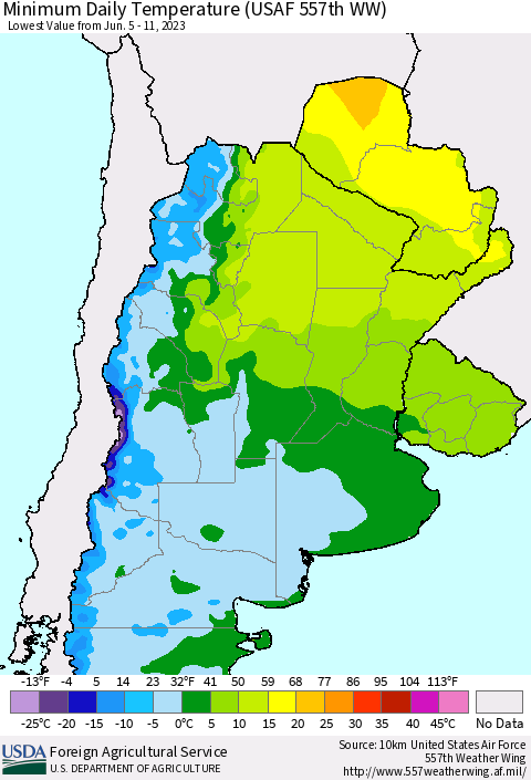 Southern South America Minimum Daily Temperature (USAF 557th WW) Thematic Map For 6/5/2023 - 6/11/2023